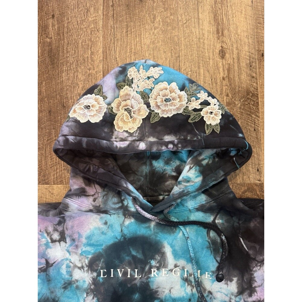 CIVIL REGIME Hoodie (MEDIUM) Blue Black Marble Tie Dye Roses Floral Embroidered - Picture 4 of 7